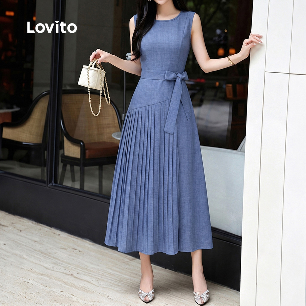 (New Arrival) Lovito Vestido Rosa Feminino evasê Longo Para Trabalho Gola Redonda Plissado assimétrico primavera/verão DRK10P2D157 — imagem 2 de 2