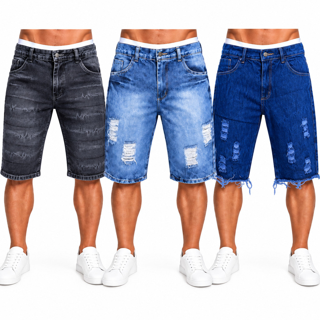 Kit 3 Bermuda Short Jeans Masculina  sem Lycra Elastano - Variadas / Preço Fábrica