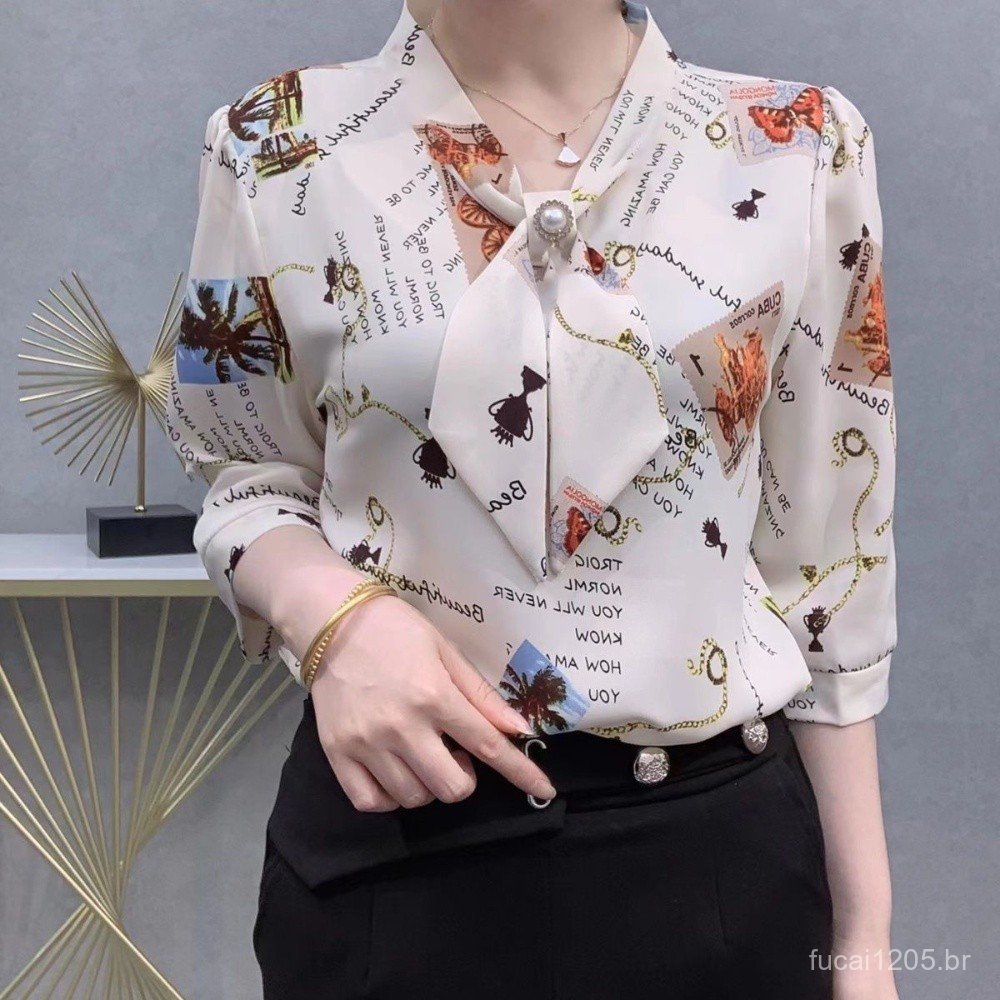 2024 Verão Novo Estilo Camisa de Chiffon Estampada Imitação de Seda Manga Curta Feminina Alta Qualidade Tamanho Solto SU