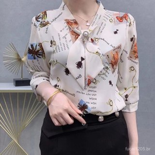 2024 Verão Novo Estilo Camisa de Chiffon Estampada Imitação de Seda Manga Curta Feminina Alta Qualidade Tamanho Solto SU