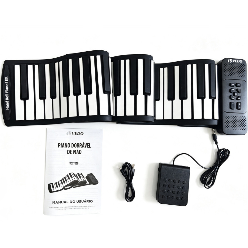 Piano portátil enrolável de 88 teclas, 128 timbres, 128 ritmos, bateria de lítio integrada de 450 mAh com autonomia de m