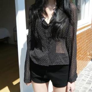[Novidade] Camisa francesa retrô Floral ligeiramente transparente de Chiffon de manga comprida, camisa pequena requintad