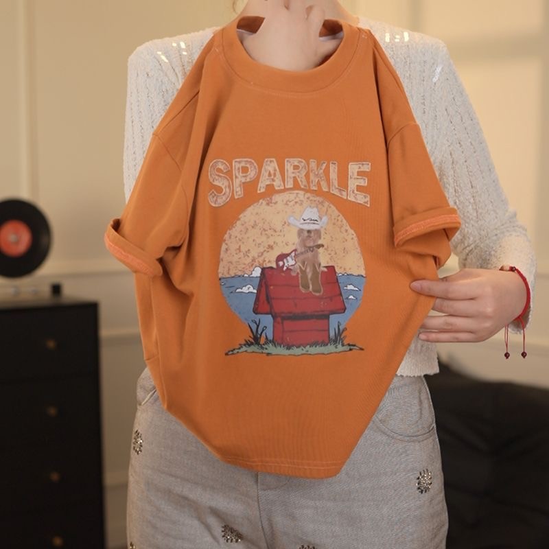 Estilo coreano Street Wear puro algodão crianças impresso de manga curta dos desenhos animados estilo ocidental Casual c