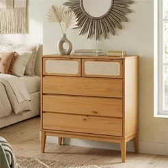 Cômoda 5 Gavetas Madeira Maciça com Telinha Rattan Viena Mel Marrom Mel