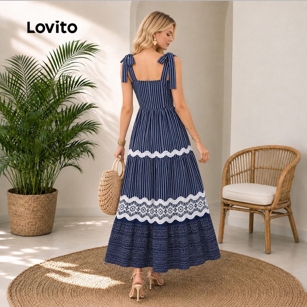 (New Arrival) Lovito Vestido Feminino Azul Escuro Casual Às Riscas Comprido Com Folhos E Camadas Escalonadas Para a Primavera/verão Férias E Fins De Semana DRB40BR035 — imagem 2 de 2