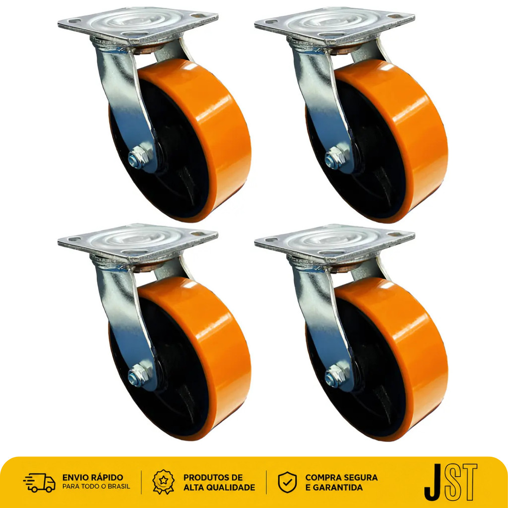 Kit 4 Rodízios Giratórios Poliuretano 6 Pol 50mm 480kg JST Cargas Pesadas