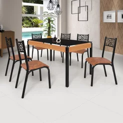 Conjunto Sala de Jantar Mesa 140cm x 77cm Tampo Vidro com 6 Cadeiras Jade Preto/Fosco/Caramelo