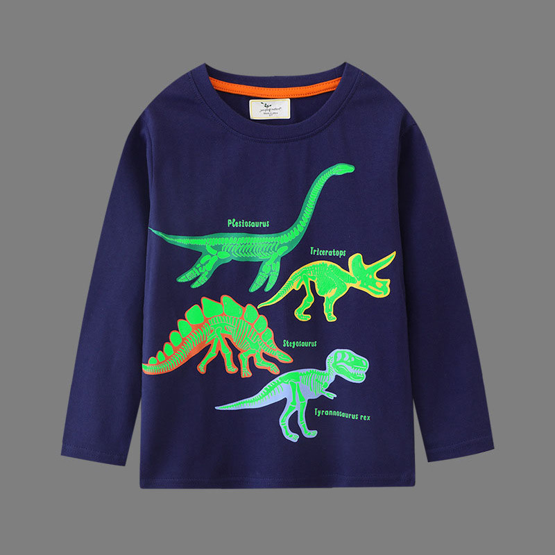 Primavera outono estilo meninos luminoso manga comprida camiseta bonito dos desenhos animados dinossauro malha algodão m