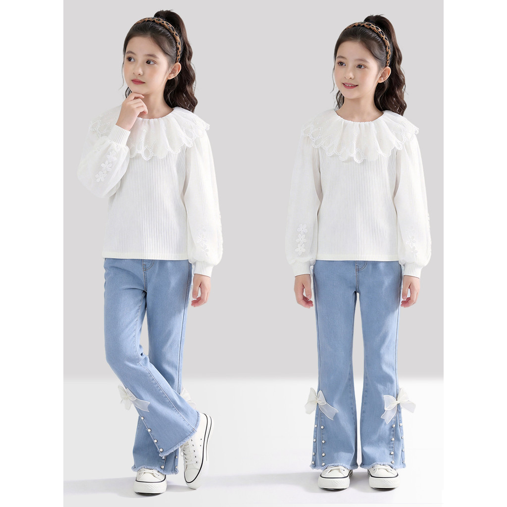 Meninas terno meninas terno 2026 novo estilo primavera outono crianças rendas camiseta Jeans estilo coreano meninas casu