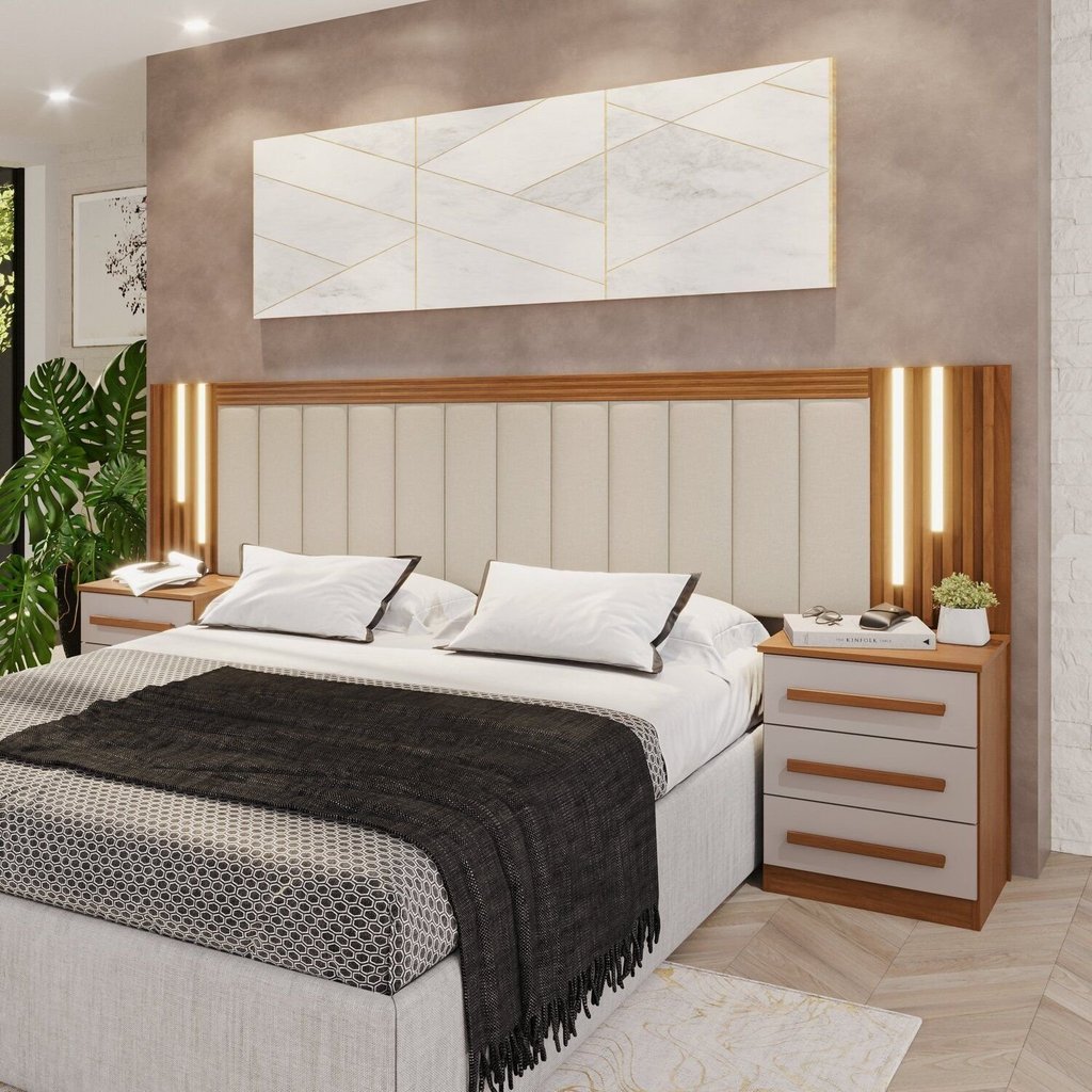 Cabeceira Casal Extensível Estofada com LED Luminous Yescasa Cinamomo/Off White/Leblon Areia