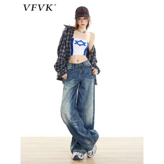 Vfvk americano Jeans de perna larga feminino 2026 outono novo estilo Retro azul bordado solto Drape mais magro olhar cal