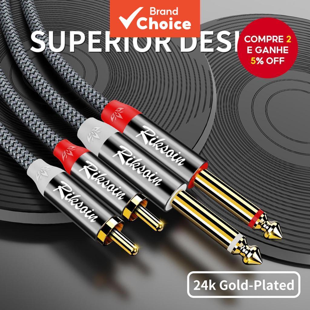 Cabo de Áudio RIKSOIN 2RCA para Duplo 6,35mm 1/4 TRS Trançado para Guitarra, Caixa de Som, Misturador Estéreo