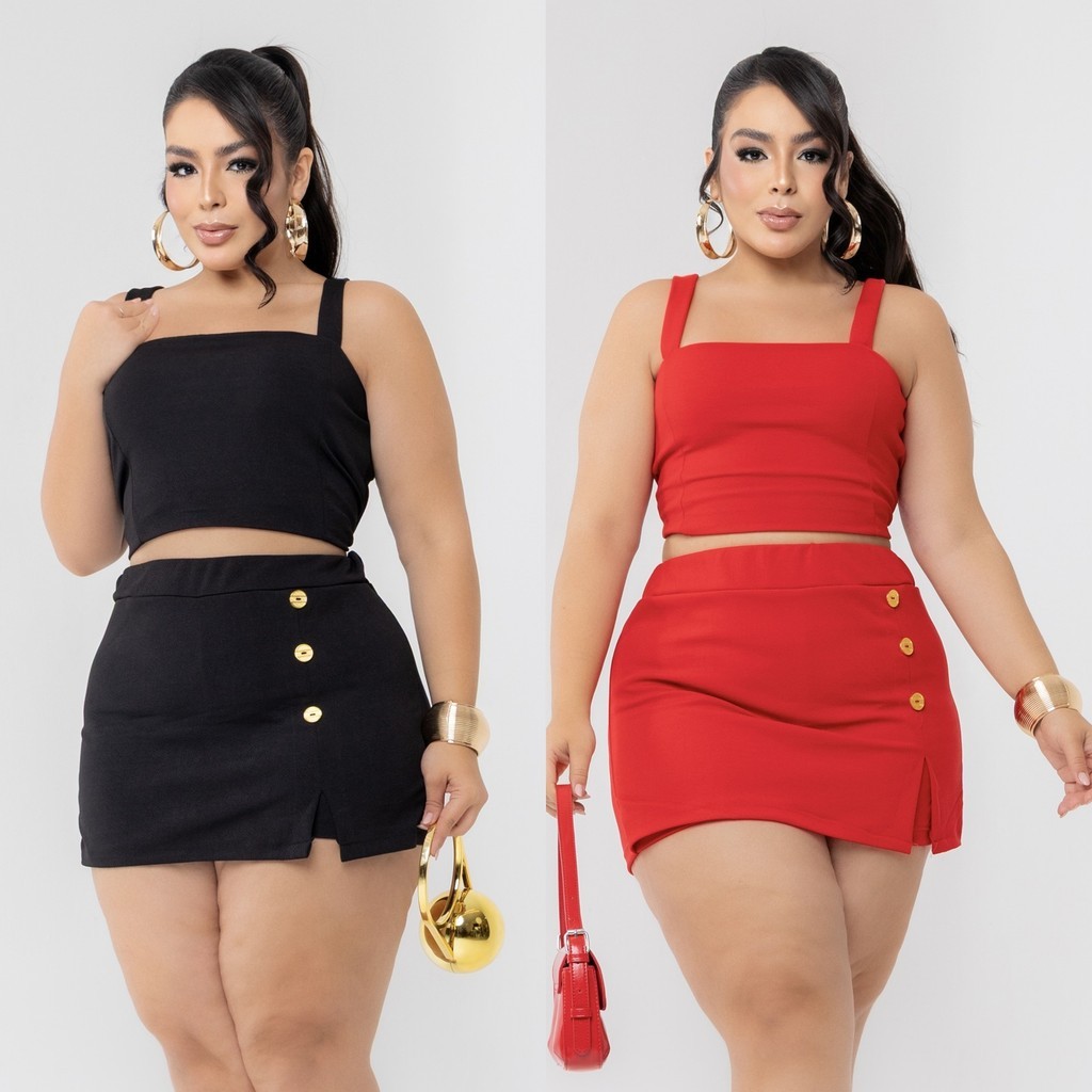 Conjunto Plus Size Cropped e Short Saia com Botões G GG G1 G2 G3 | Tecido Premium Liverpool