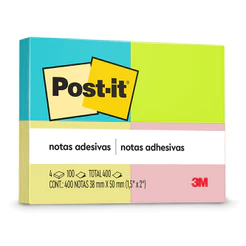 Bloco de notas adesivas Post-it 4 cores Neon 4 blocos de 38x50mm 100 folhas 3M