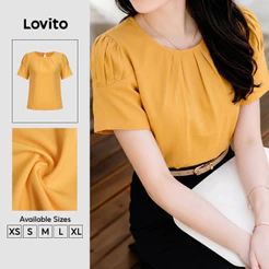 Lovito Blusa Amarela Elegante De Manga Curta Gola Redonda Plissada Para Trabalho Primavera Verão Feminina BLB201P1D161