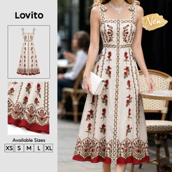 (New Arrival) Lovito Vestido Boho Floral Longo Evasê Drapeado Com Amarração Primavera/Verão Vermelho E Branco Feminino DRK10P1D290