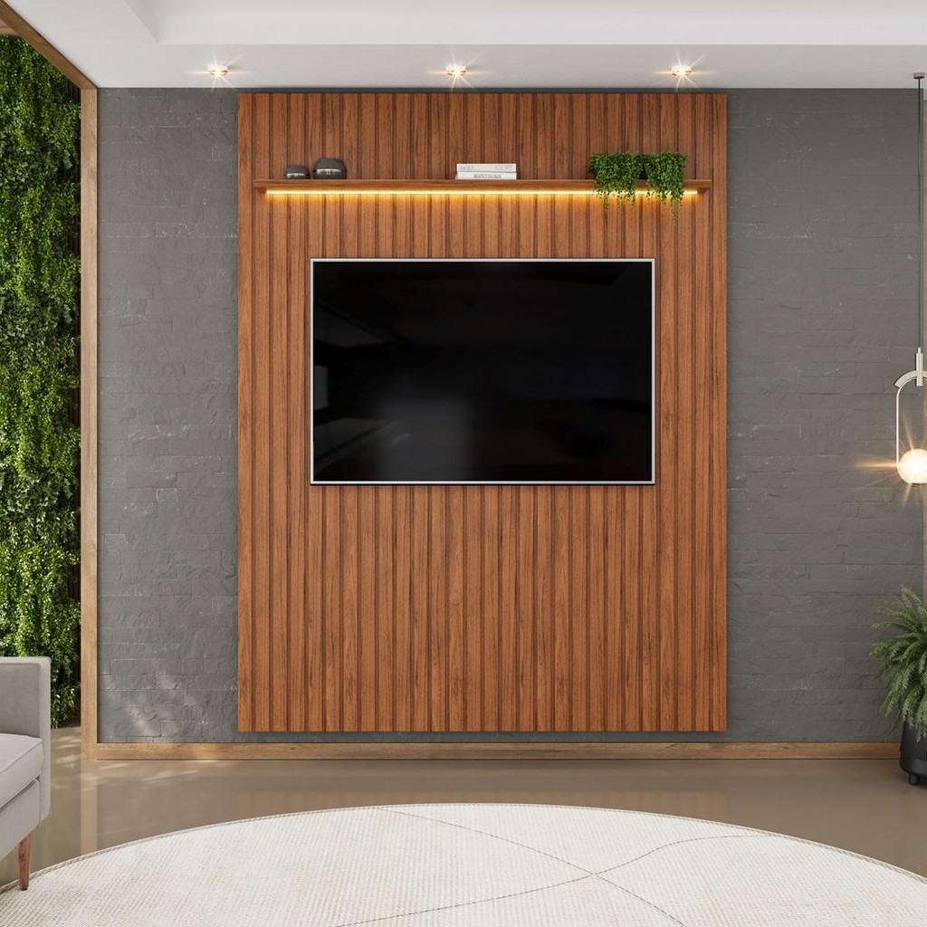 Painel para TV até 65 Polegadas Ripado com LED DJ Móveis Trento 183 Freijó