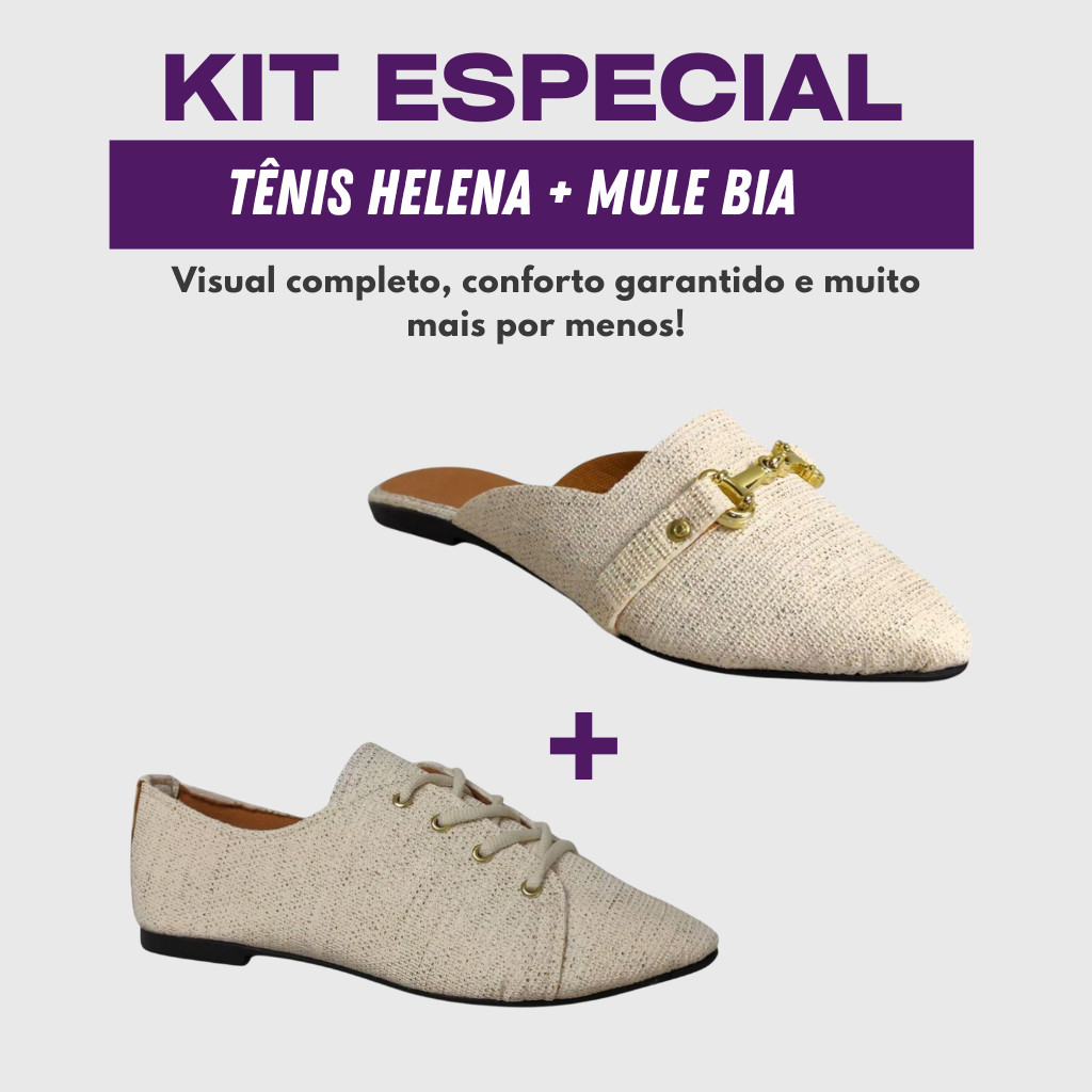 Kit 2 Sapatos Femininos Mule e Tênis Oxford Cadarço Rasteiro Conforto Social