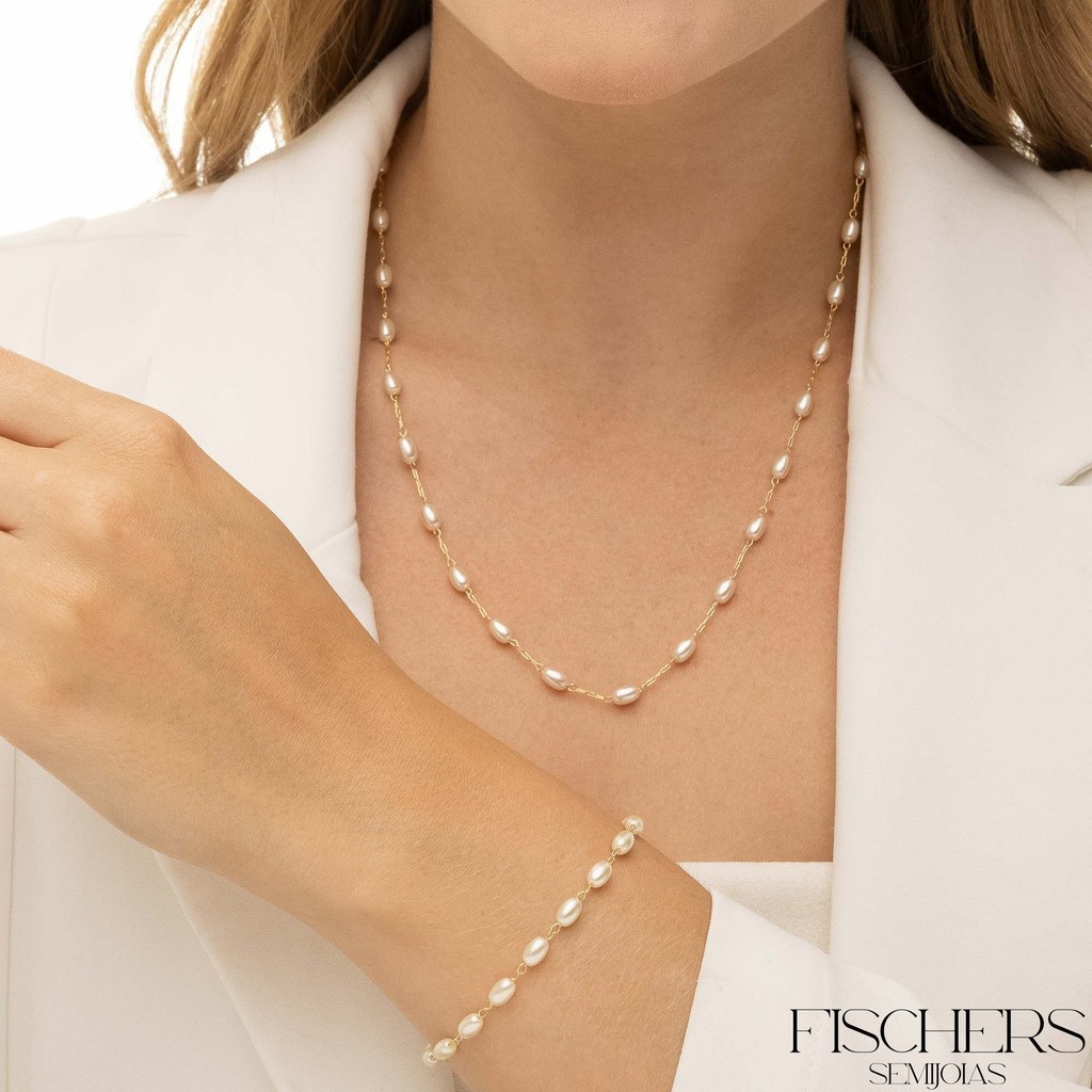 Kit Colar e Pulseira Pérolas Ovais Barroca Banhado Ouro 18k Feminino Luxo - Fischer Semijoias em Oferta na Shopee