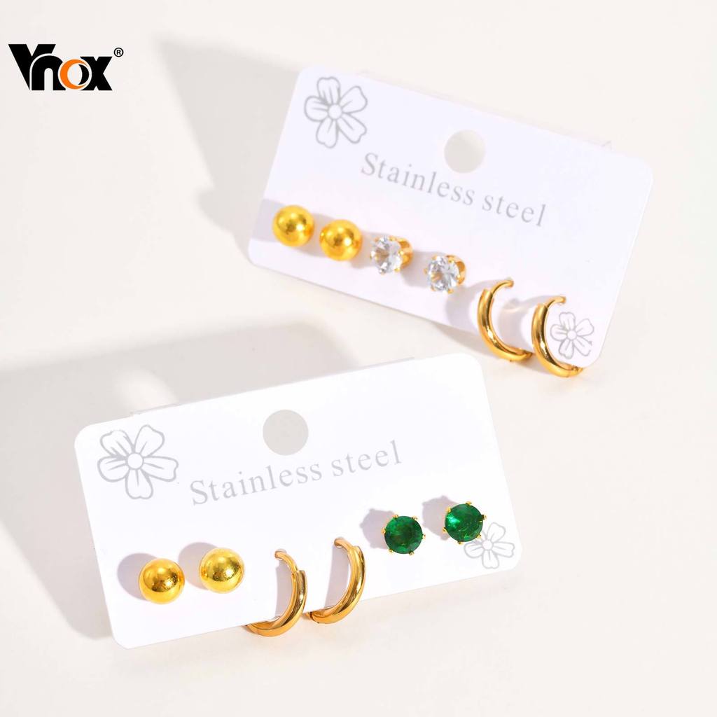 Vnox 3 Pçs Bola De Aço Verde E Branco Zircão Cúbico Frisado Brincos Círculo Feminino Meninas Simples Conjunto De Três Pe em Oferta na Shopee