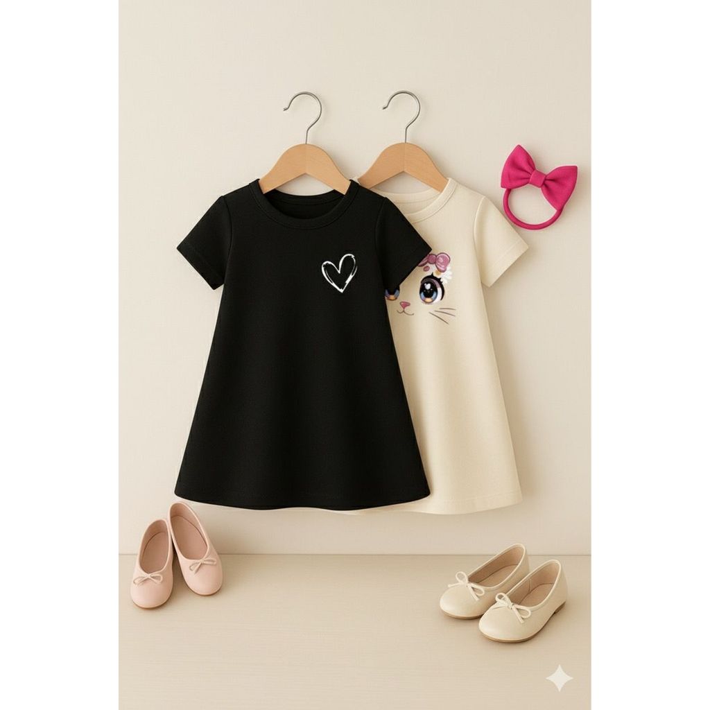 Kit 2 vestidos princesa infantil menina casual estampa preto coração gatinha off