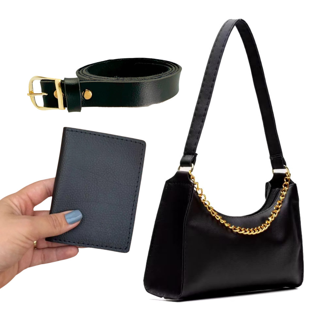 Kit Bolsa Baguete Feminina de Mão Pequena Corrente de Ombro Balada + Cinto e Porta Cartão