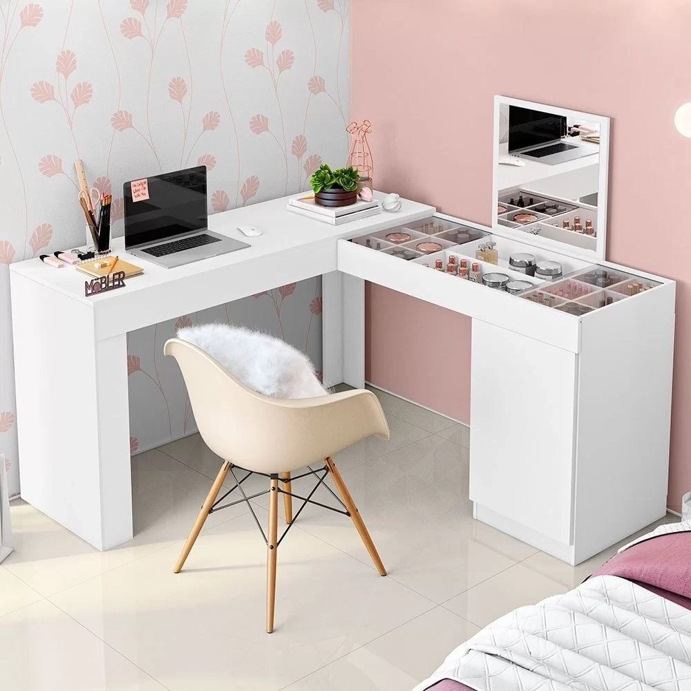 Escrivaninha Mesa Escritório Penteadeira de Canto 136x136cm com Espelho 1 Porta Star Branco