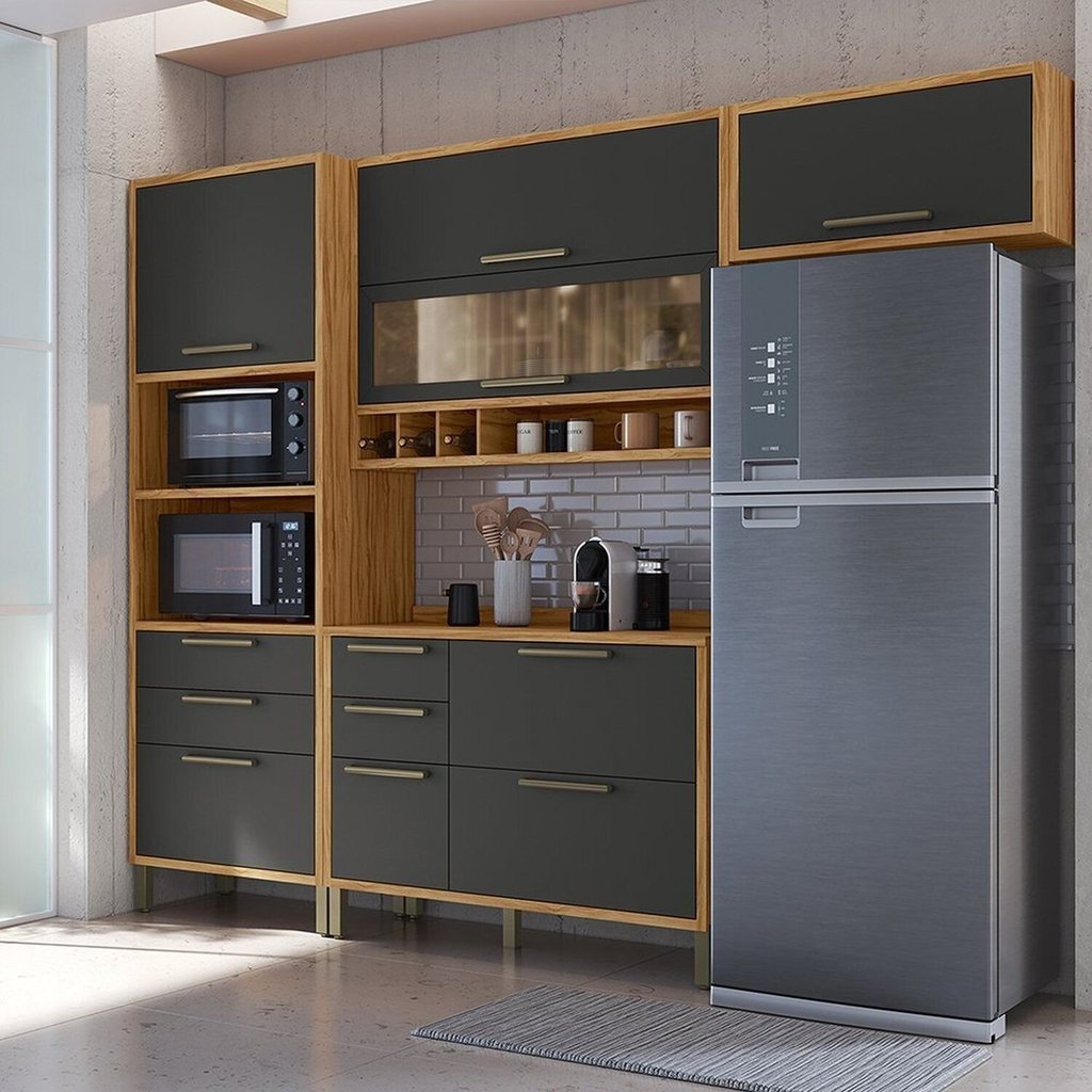 Cozinha Compacta 100% Mdf 4 Peças 7 Portas 5 Gavetas e Vidro 274cm Vicenza Espresso Móveis Amêndoa/Chumbo em Oferta na Shopee