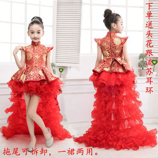 Meninas princesa inchado gaze saia palco anfitrião T-mesa passarela vestido de trilha flor menina Piano Guzheng desempen
