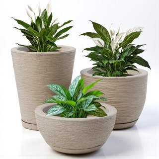 Kit 3 Vasos de Polietileno Escovados Decorativos para Plantas com Prato Coletor – Coluna Bojo Bacia em Oferta na Shopee