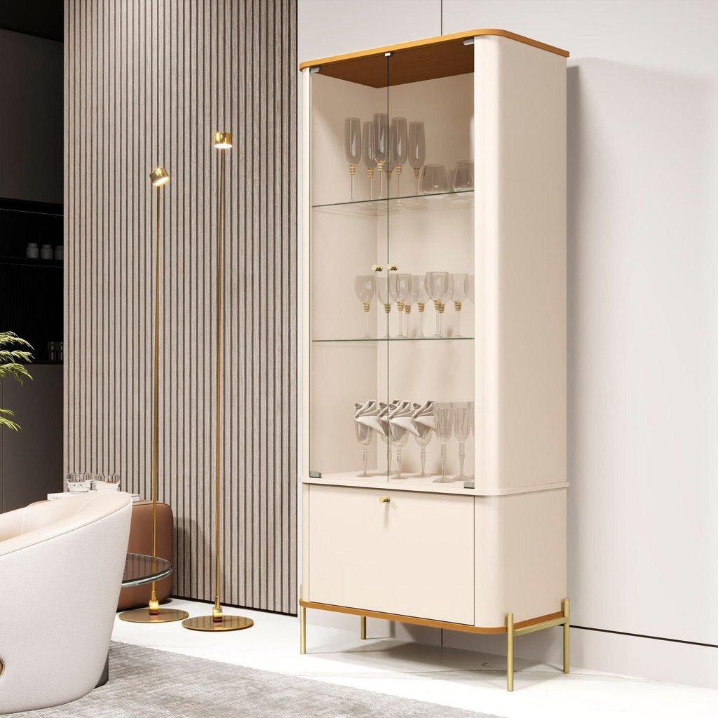 Cristaleira Curva 3 Prateleiras e Portas em Vidro Puxador e Pés em Metal Tucupi Off White/Nature/Dourado em Oferta na Shopee