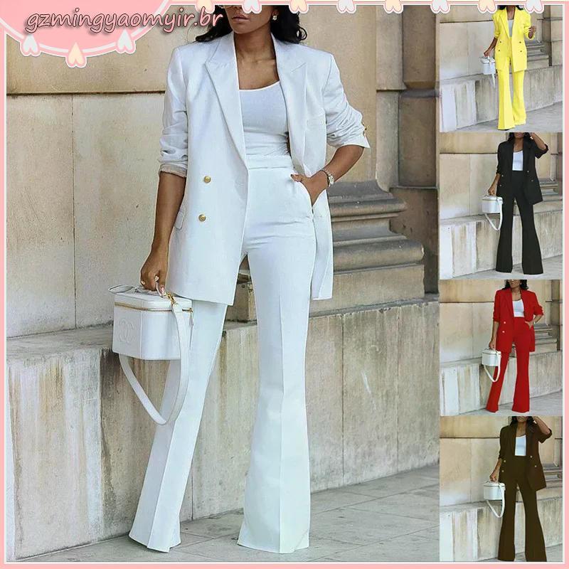 Conjunto Feminino Social Blazer Slim Alfaiataria Casual Casaco Pequeno + Calças Longas Pernas Largas De Cor Sólida Para
