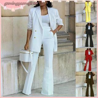 Conjunto Feminino Social Blazer Slim Alfaiataria Casual Casaco Pequeno + Calças Longas Pernas Largas De Cor Sólida Para