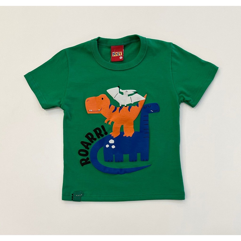 Camiseta Infantil Kyly Verde Estampada Dinossauros Malha Algodão Confortável Verão Moda Casual Festas
