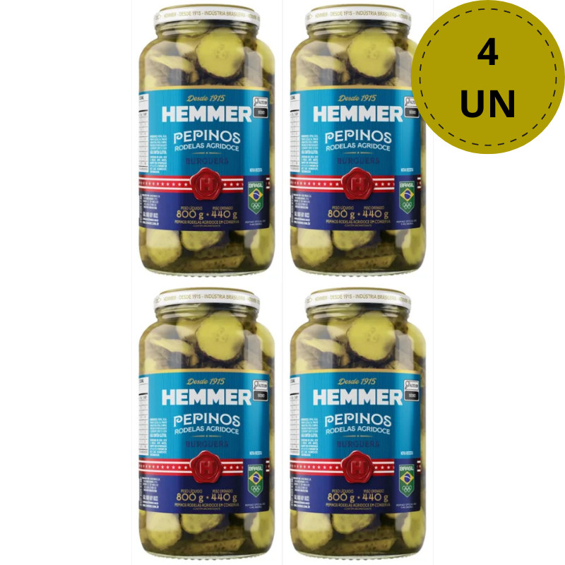 PEPINOS PICLES RODELAS AGRIDOCE HEMMER 440GR, 4 / 2 / 1 UNIDADE