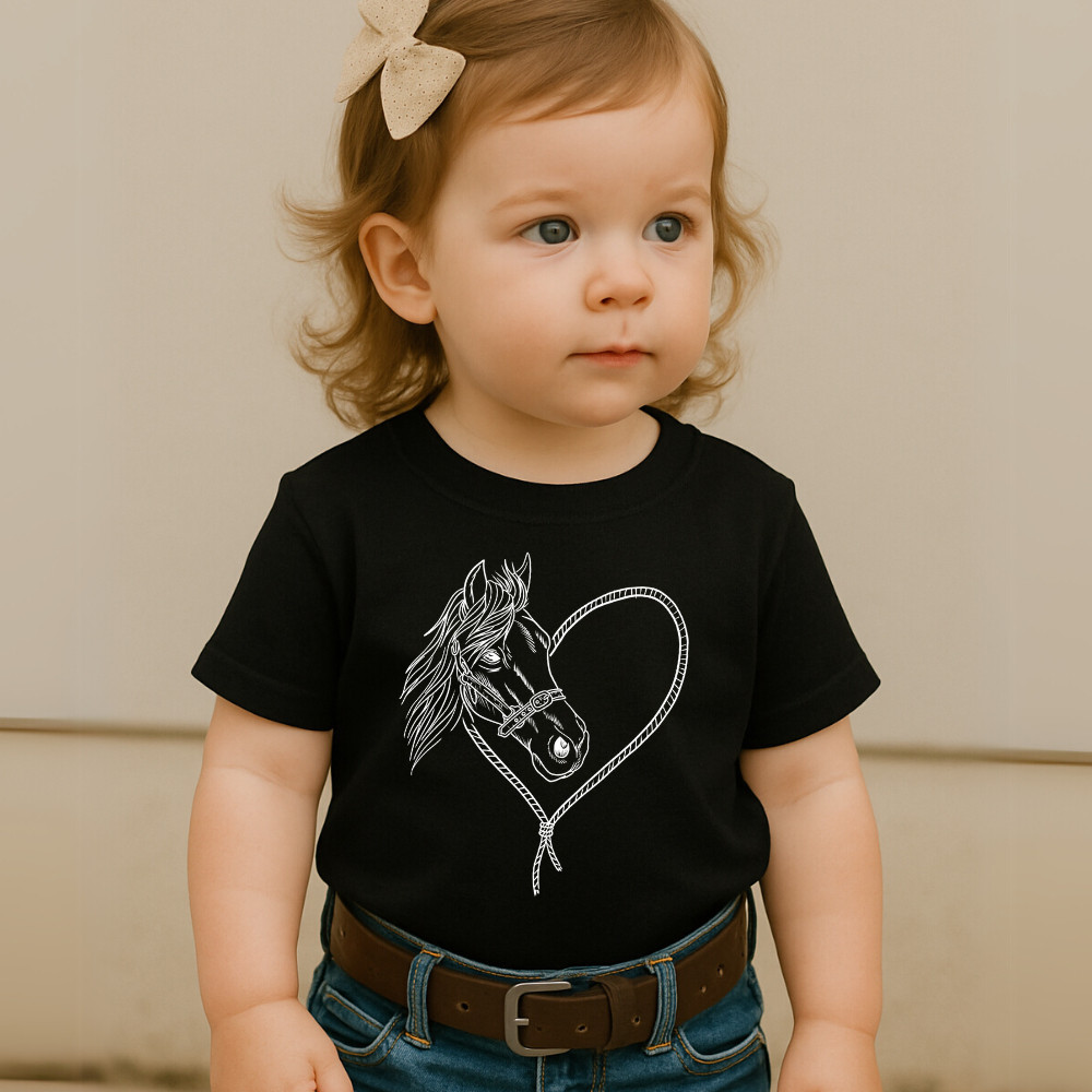 Camiseta Infantil Country Feminina – Estampa Cavalo e Coração, Look Encantador