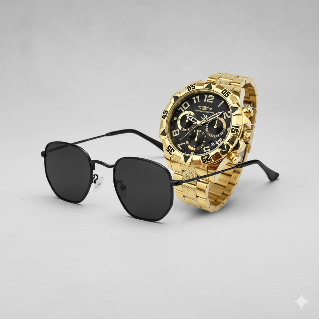 Kit Relógio Masculino + Óculos Hexagonal UV400 | Estilo Retrô e Elegância em Um Só Produto em Oferta na Shopee
