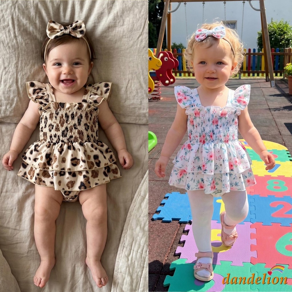 Macacão Para Bebês Meninas Com Estampa Floral , Manga Voadora , Gola Quadrada , Body De Camada Dupla Faixa De Cabeça Laç