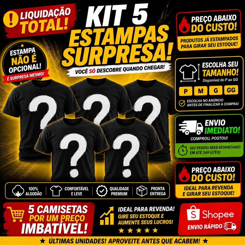 Kit 5 Camisetas Surpresas Queima de Estoque Super Saldão Camisa Blusa Algodão Unissex Camiseta Surpresa Adulto