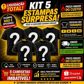 Kit 5 Camisetas Surpresas Queima de Estoque Super Saldão Camisa Blusa Algodão Unissex Camiseta Surpresa Adulto