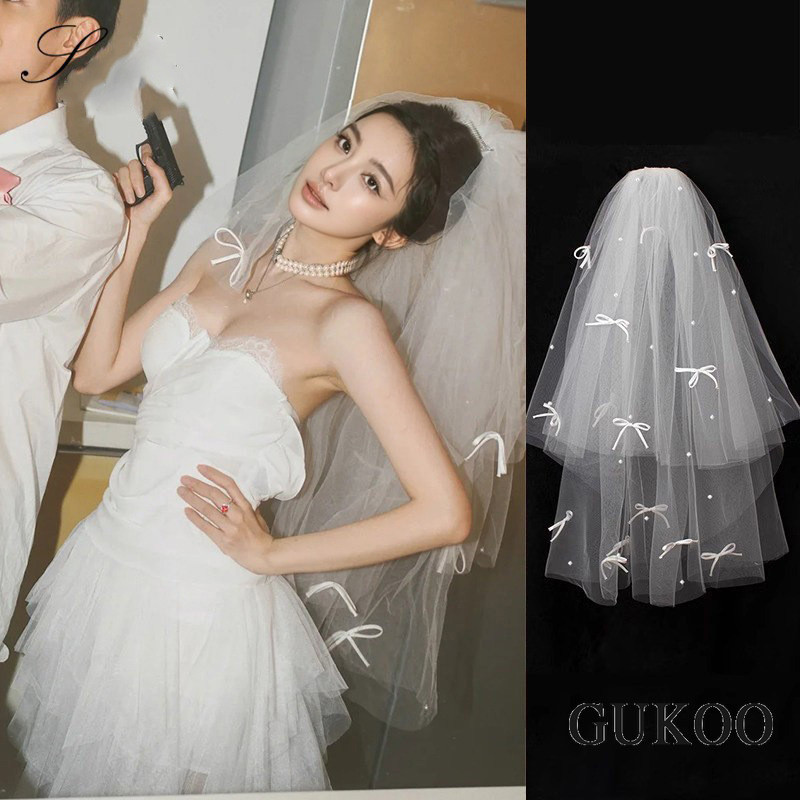 Véu De Noiva Coreano , Cocar De Casamento , Acessório De Cabelo De Pérola Com Gravata Borboleta , Estilo De Vestido Aces