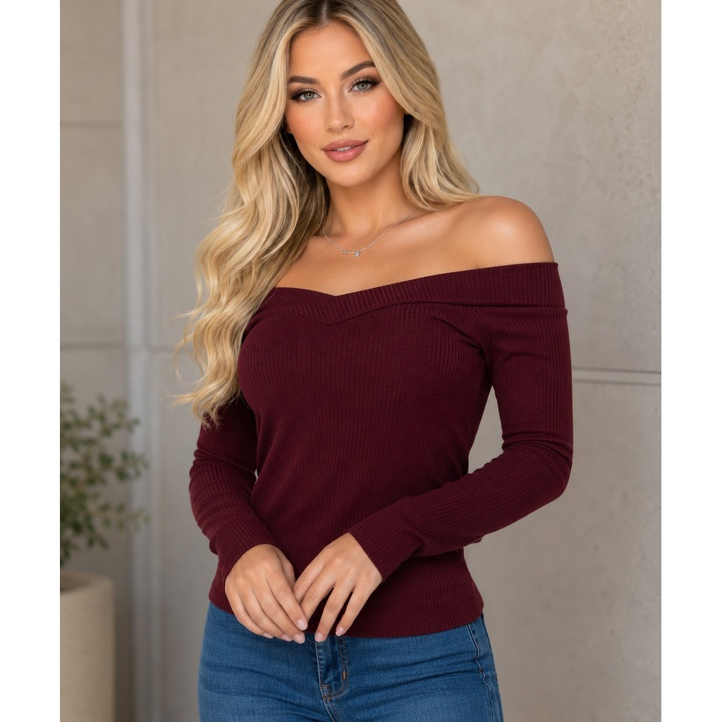 blusa feminina canelada ombro a ombro manga longa perfeita elastano lançamento