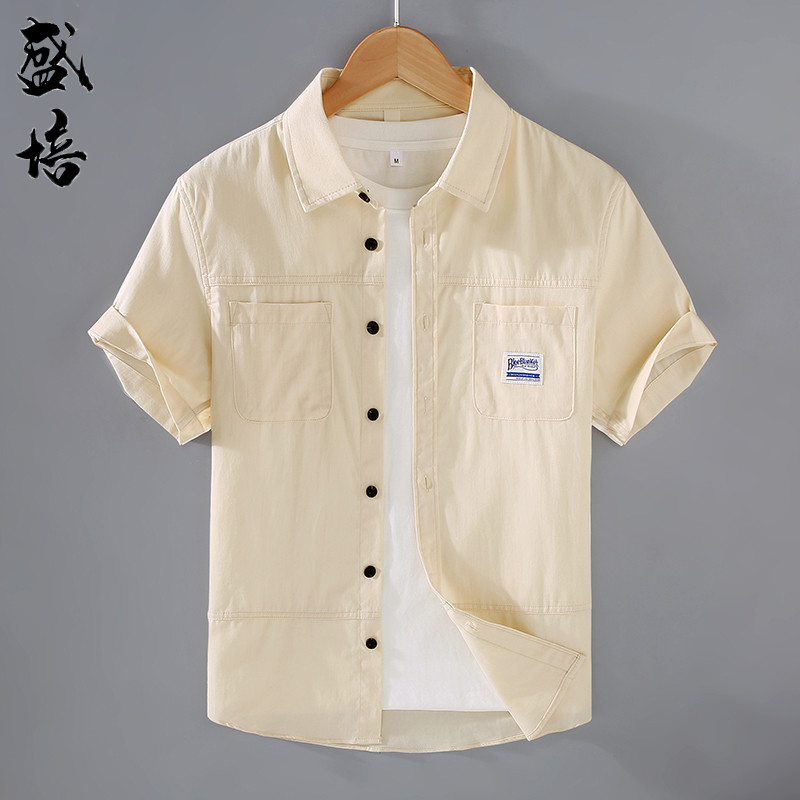 Algodão verão masculino camisa de manga curta jaqueta Casual solto Workwear roupas masculinas na moda camisa masculina m