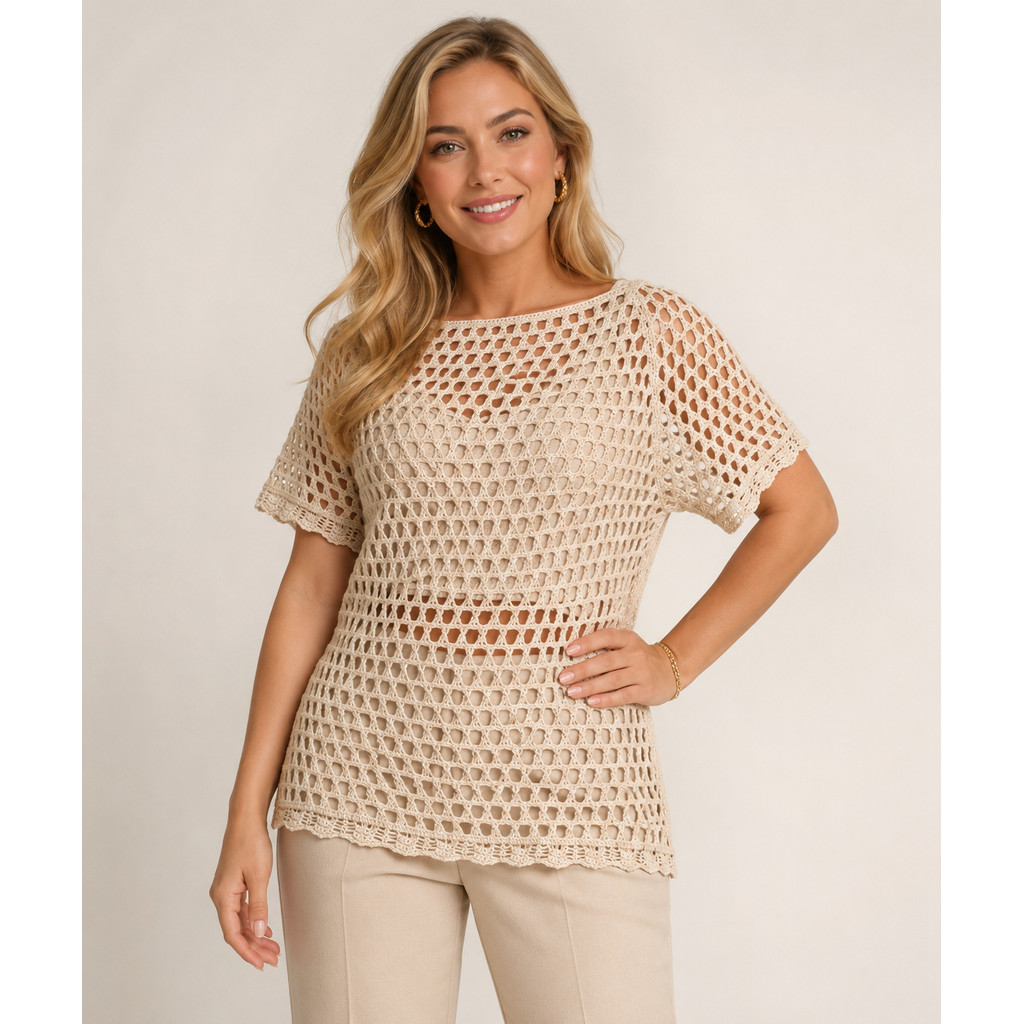 Conjunto Feminino em Tricot Vazado com Blusa Rendada + Top de Alças,Leve, Moderno e Elegante 400