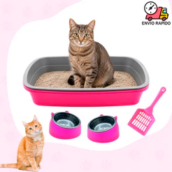 Bandeija Caixa De Areia Furba Para Gatos Com Pá Coletora Comedouro Bebedouro Orelha de Gato Fofo