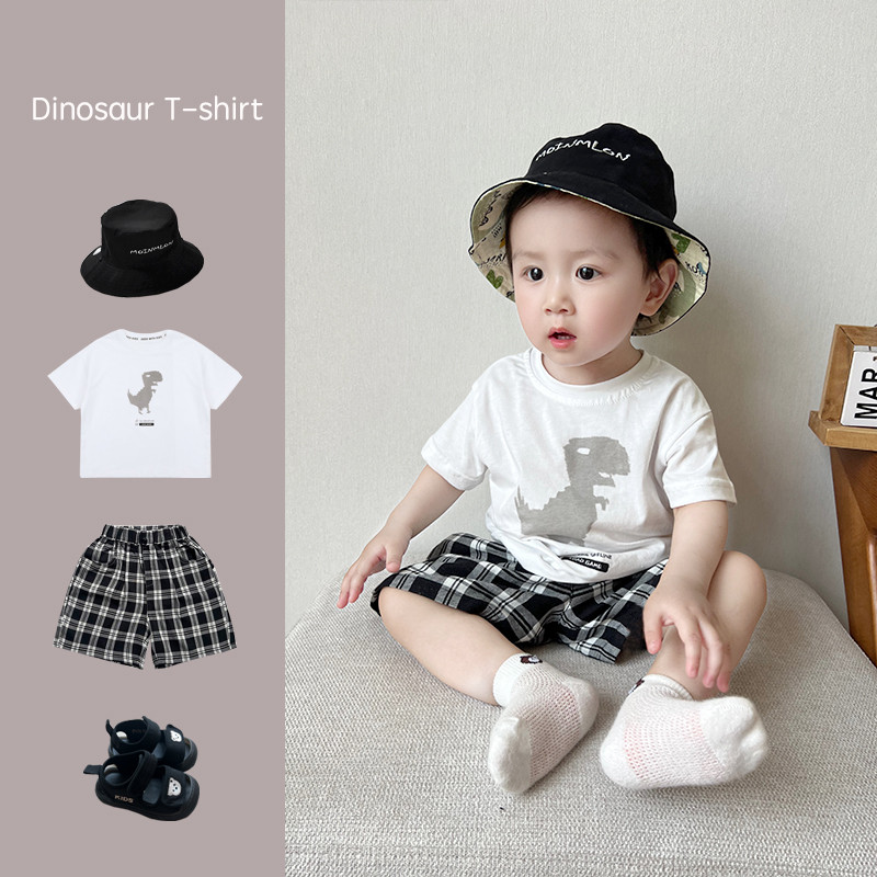 Meninos dos desenhos animados camiseta 2024 verão novo estilo bebê dinossauro impressão de manga curta topo bebê verão O