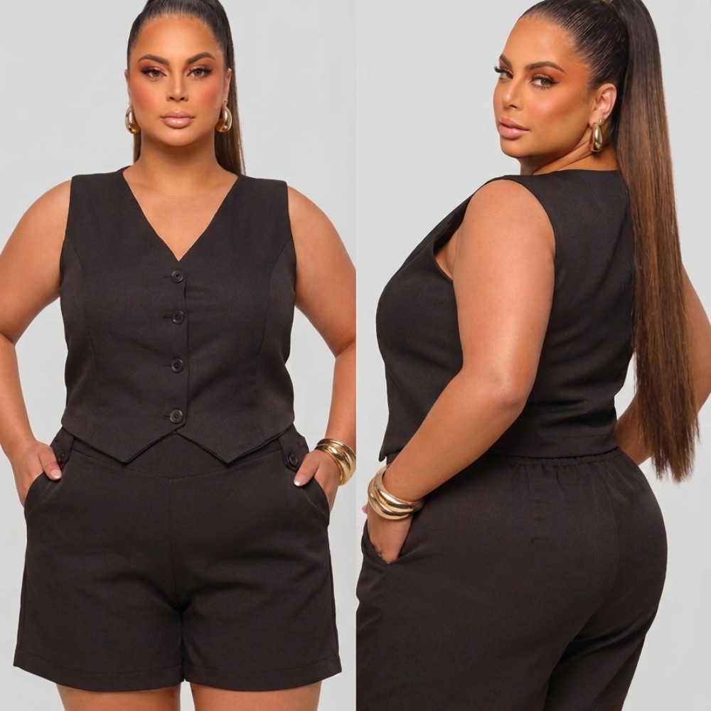 Conjunto de Alfaiataria Feminino Plus Size Colete Social Short com Elástico Moda Elegante Confortável