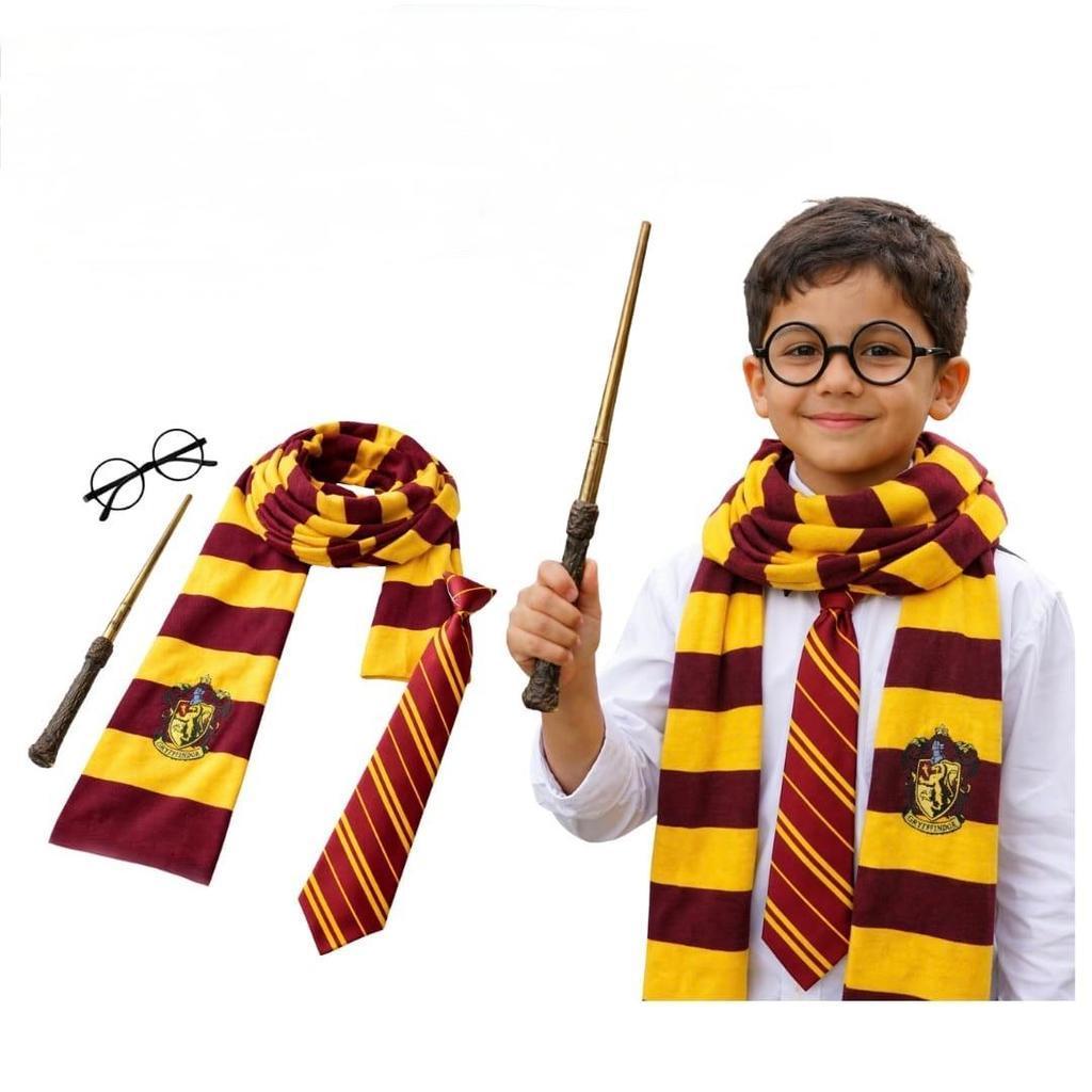 Kit Fantasia Harry Potter Grifinória 4 Peças Bruxo Varinha Oculos Cachecol Gravata Cetim Luxo Acessório Festa Cosplay