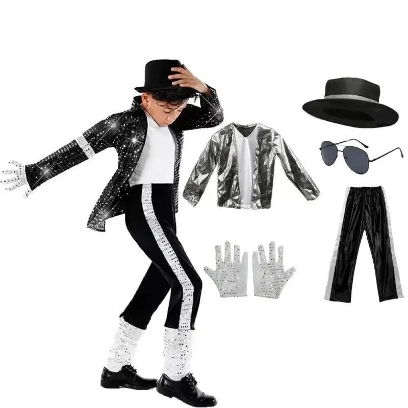 Fantasia de Cosplay do Michael Jackson Billie Jean para Meninos, Traje Preto para Dança Disco, Halloween, Fantasia de Re