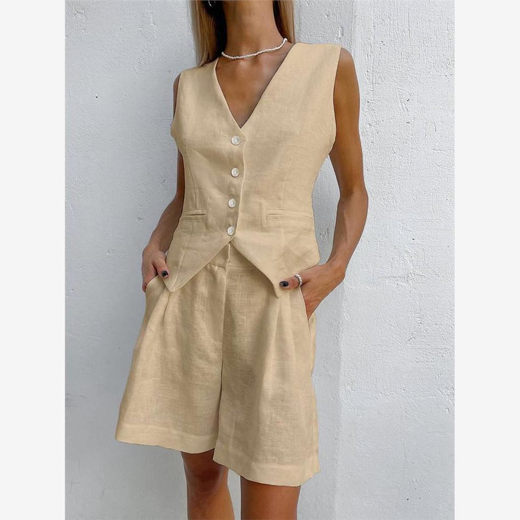 Terno de linho de algodão colete terno feminino verão Casual sem mangas colete Shorts colete de duas peças conjunto curt